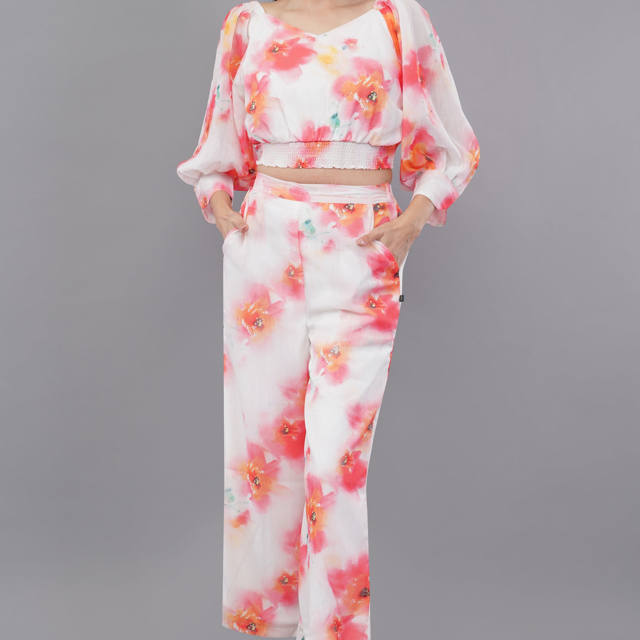 White Floral Print Plazzo Cropped Top Co-ords Set