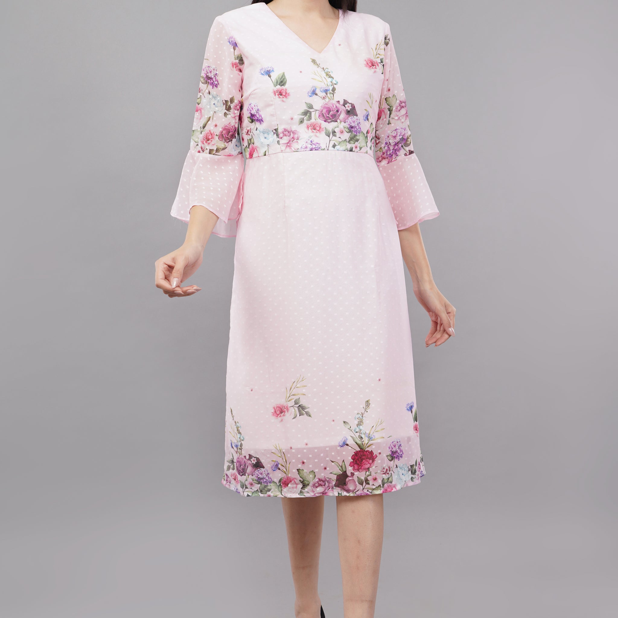 Pink Printed A-Line Midi Dress
