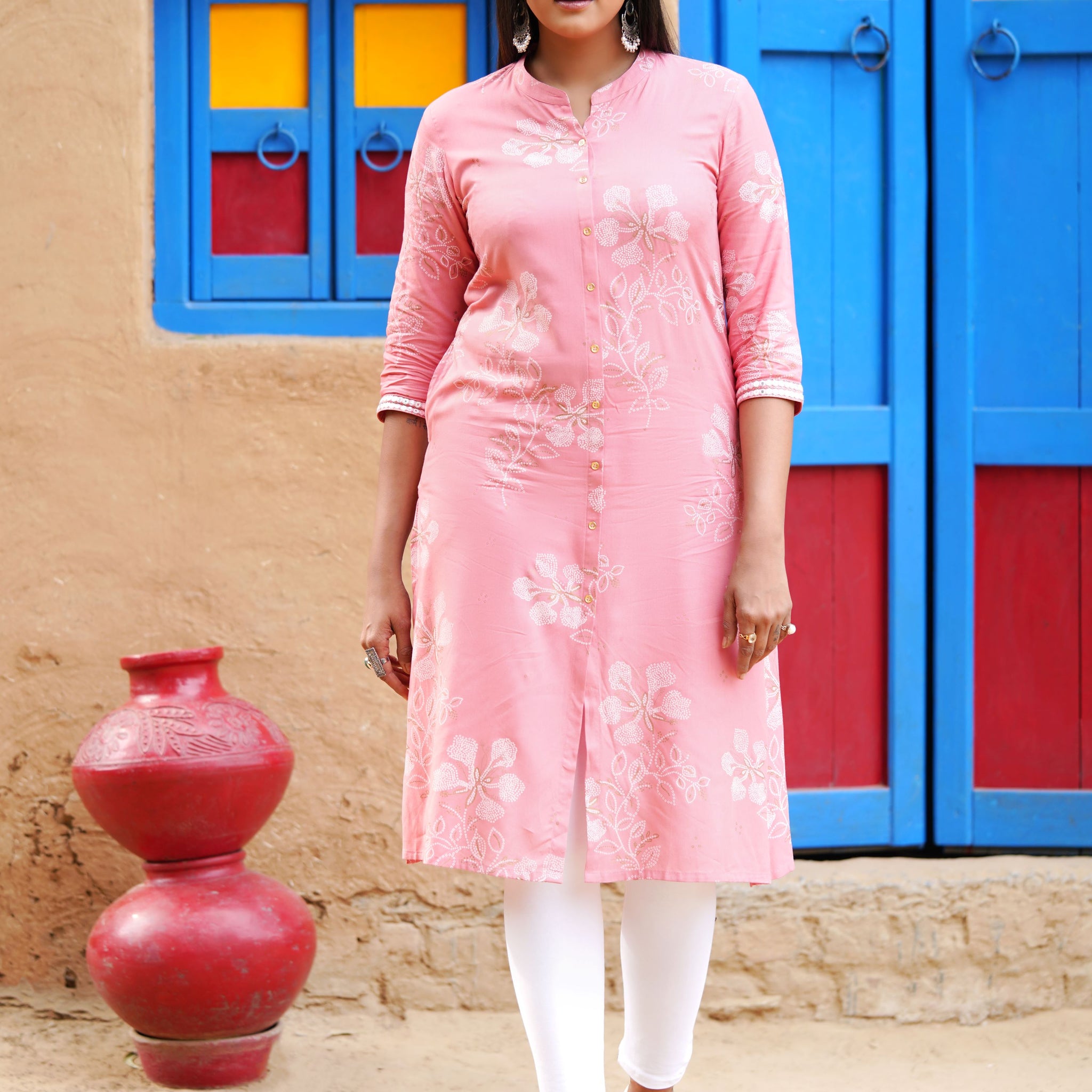 Peach Printed Rayon Mandarin Women's Kurta