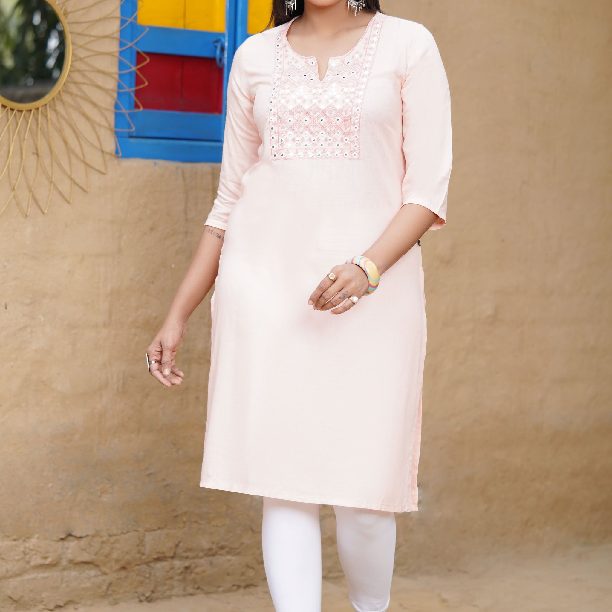 Straight Kurta with Mirror Embroidery