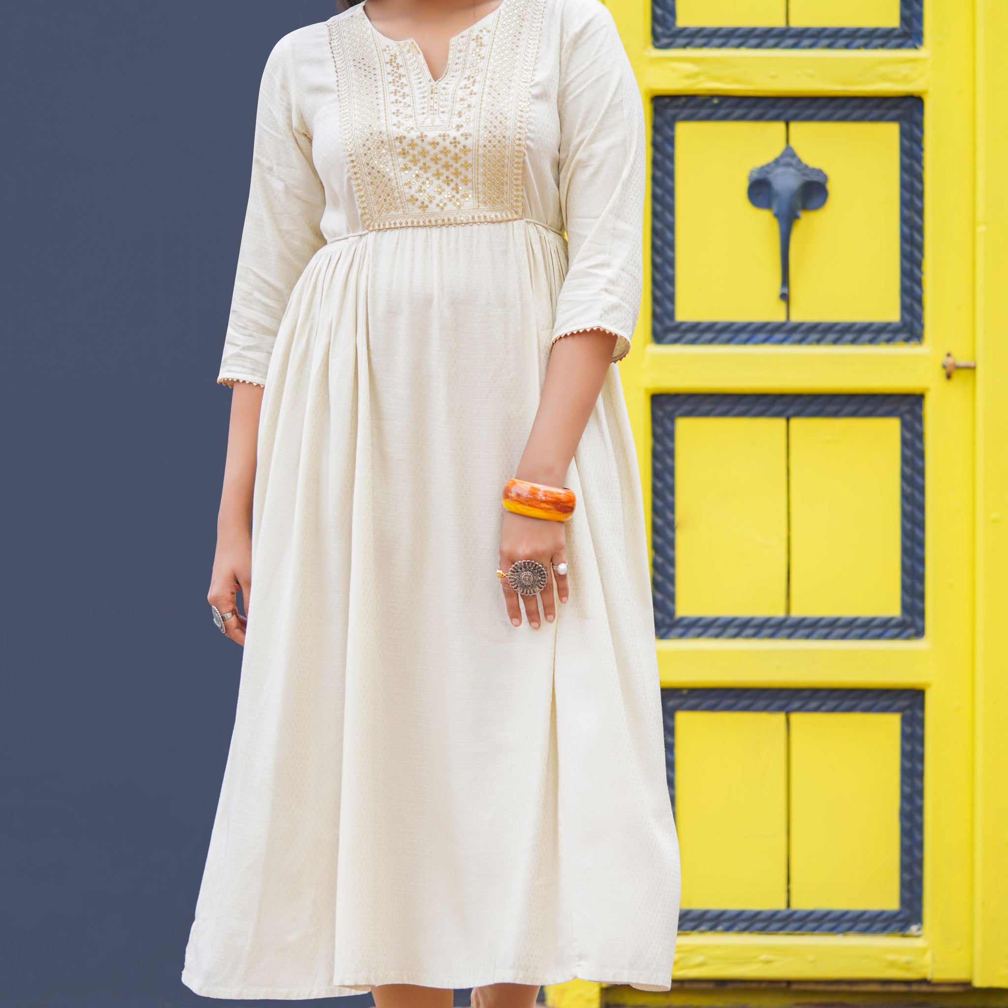 Flared Kurta with Embroidered Yoke