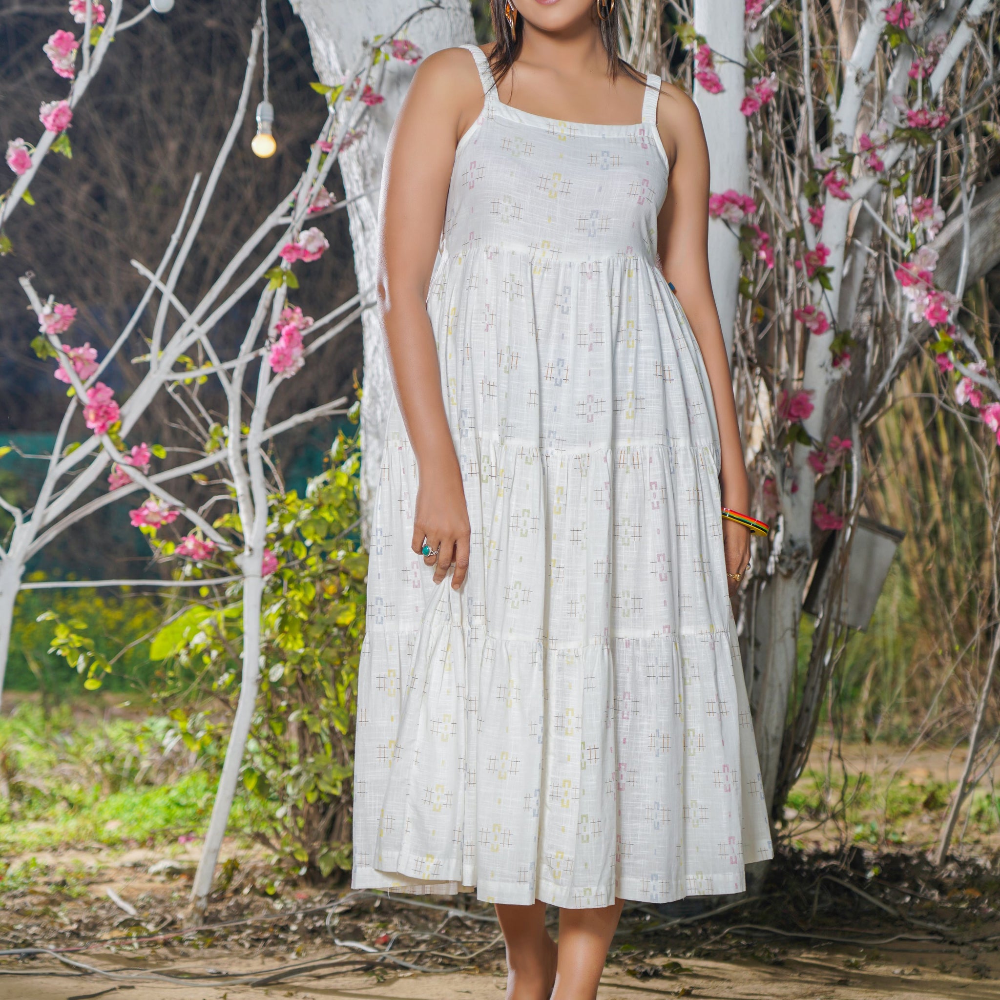 Bombay Paisley White Printed Tiered Boho Dress