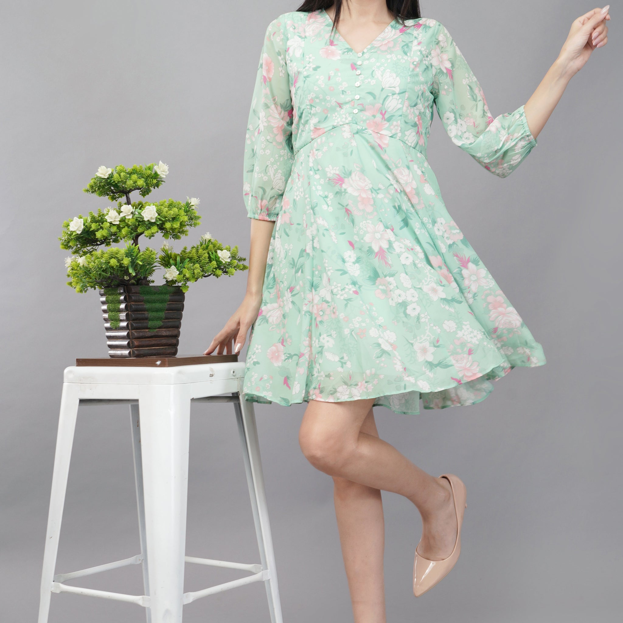 Green Floral Flared Dress