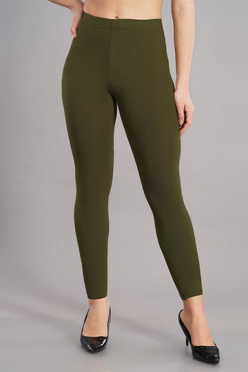 Shruthi Ankle Length Leggings with elasticated Waist||OLIVE GREEN