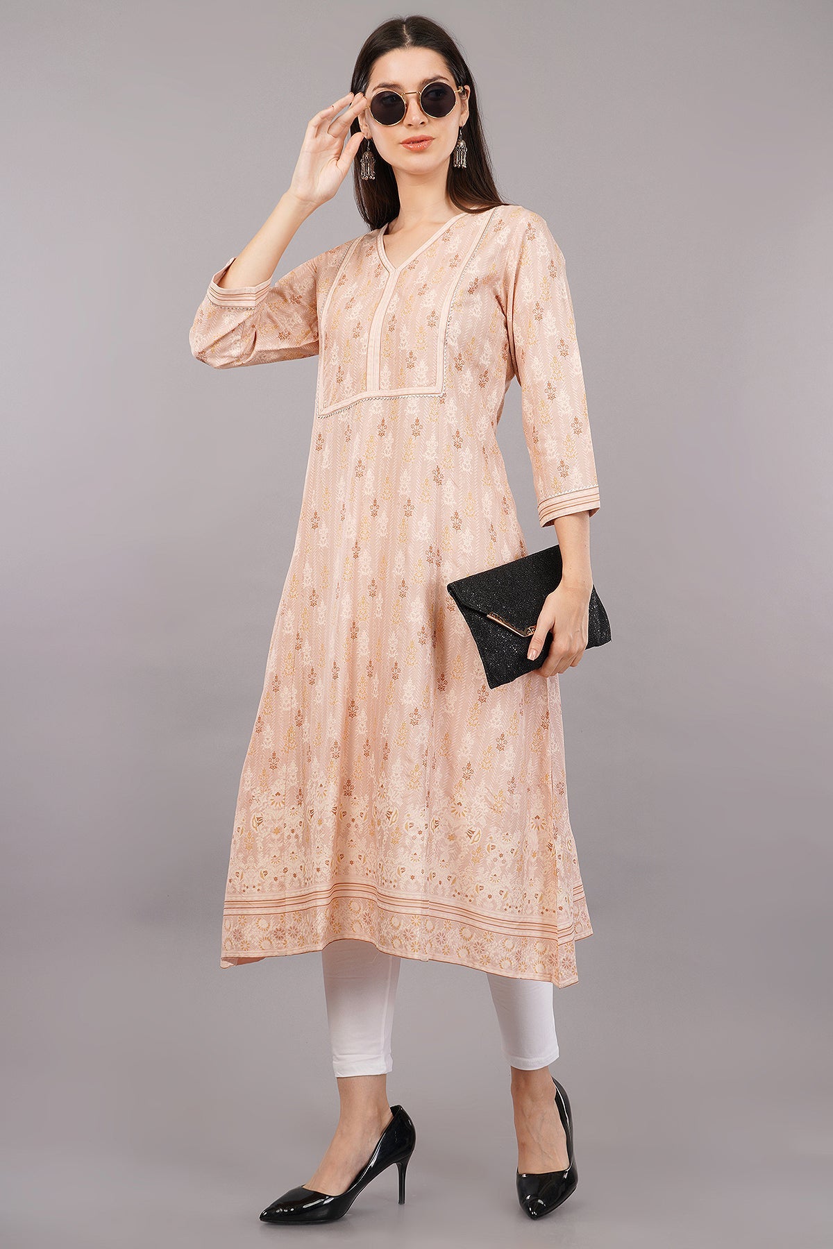 Glitter Print V-Neck A-Line Kurta