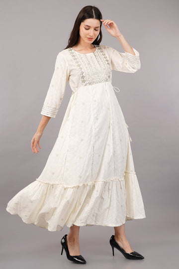 WOMEN IVORY RAYON STAPLE FOIL PRINTED MAXI DRESS