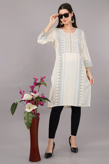 WOMEN OFF-WHITE RAYON FLORAL PRINTED STRAIGHT KURTA