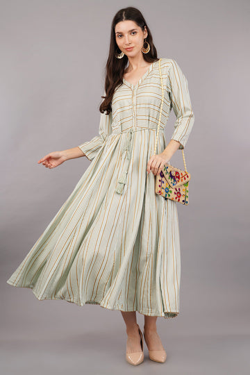 Striped A-Line Dress with Waist Tie-Up