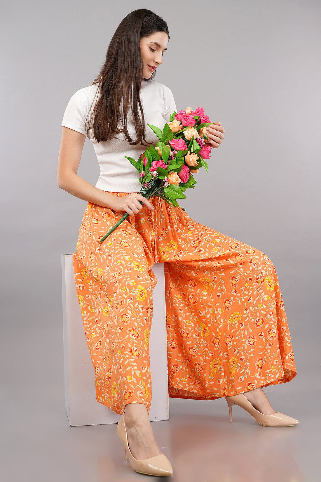 Women's Orange Viscose Printed Palazzo
